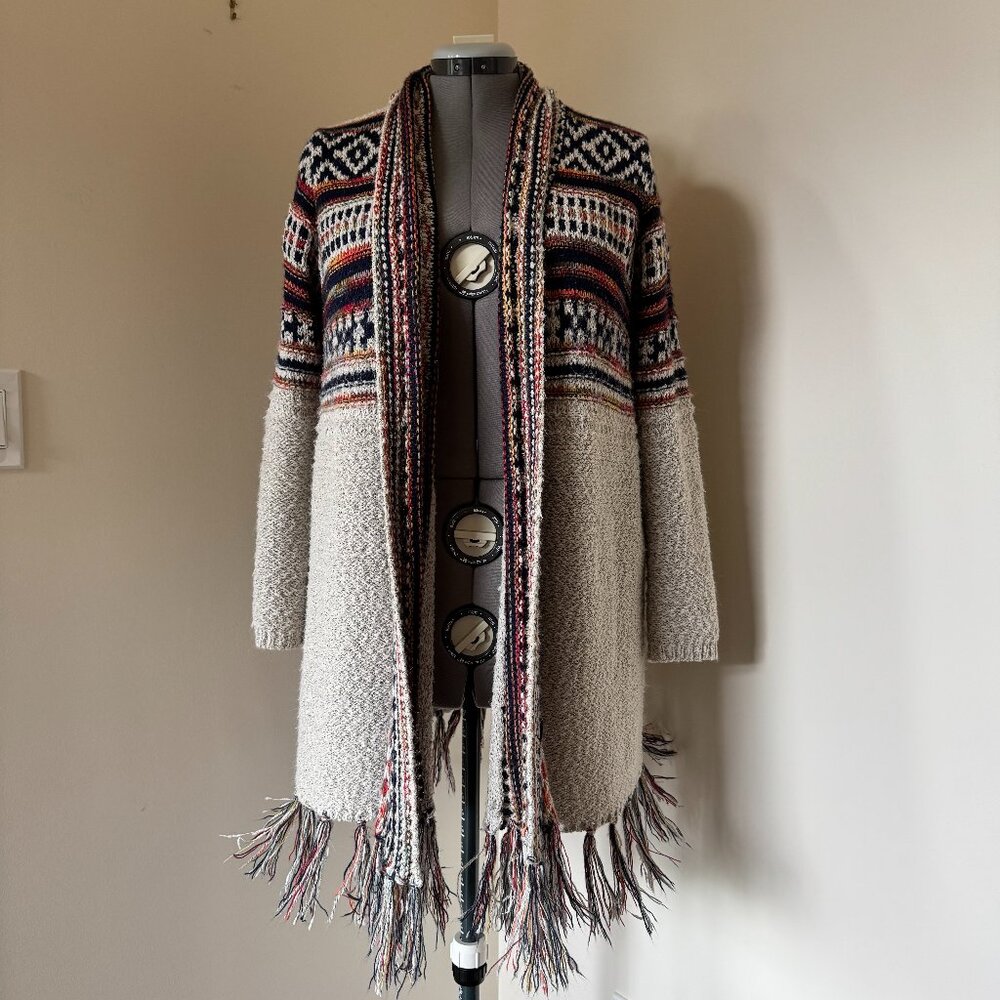Coco Y Club Grandpa Cardigan Tribal Pattern Fringe Long Sweater L